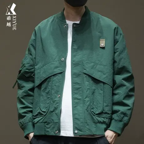 户外防水夹克外套男秋季宽松大码绿色工装风棒球服拉链开衫男上衣商品大图