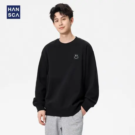 hansca360g重磅潮牌绣章套头卫衣男2025秋季新款宽松休闲黑色上衣商品大图