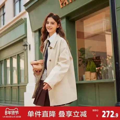 唐狮2026年春季女翻领中长款外套长袖纯色风衣单排扣外套通勤日常图片