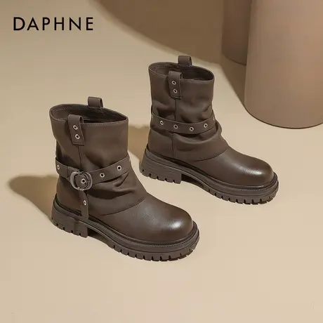 达芙妮厚底短靴女2026新款冬季复古机能美拉德皮带扣骑士靴裤管靴图片