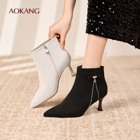 奥康 女鞋2025冬季时装靴优雅尖头细跟增高短靴门店发货图片
