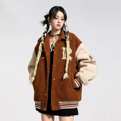 YEP毛毛外套女冬季2023新款棉衣oversize潮美式复古宽松棒球棉服图片