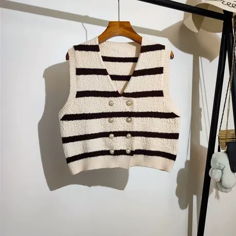 小香风条纹针织马甲开衫女秋冬新款叠穿宽松v领显瘦毛衣背心外穿图片