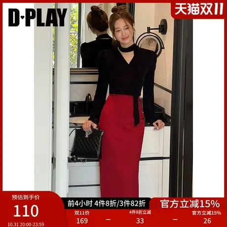DPLAY2023新法式复古经典黑系带丝绒抽褶氛围感漫画腰小衫上衣商品大图