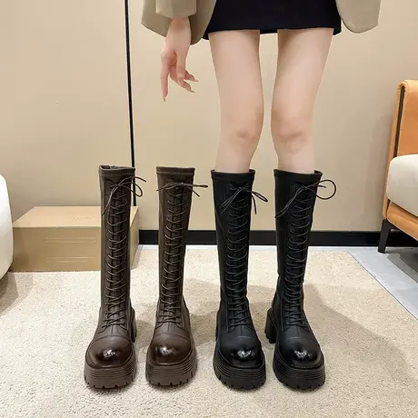 厚底长筒靴女2023新款春秋季英伦风炸街法式瘦瘦靴粗跟高跟骑士靴商品大图