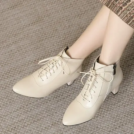 2023新款尖头真皮瘦瘦短靴大码女靴41一43秋冬中跟加绒软皮马丁靴商品大图