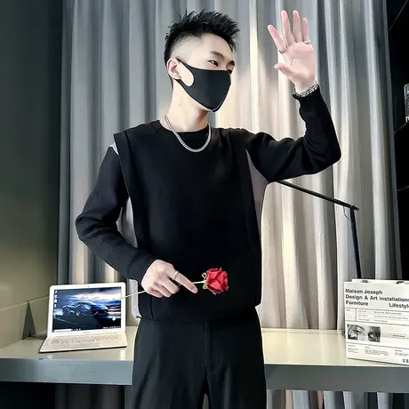 秋冬季2023新款男士针织毛衣假两件拼接设计感宽松加厚打底毛线衣商品大图