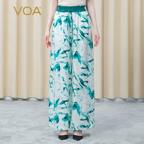 VOA真丝暗纹提花牛筋腰抽绳木耳边印花垂顺宽松桑蚕丝阔腿长裤图片