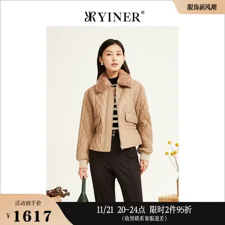 YINER音儿线上专选女装冬季兔毛翻领真皮白鸭绒驼色羽绒服高级感商品大图