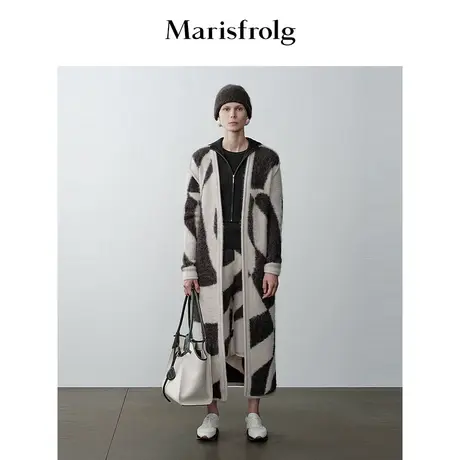 【商场同款】玛丝菲尔冬季新款羊驼毛长款棋盘格针织开衫商品大图