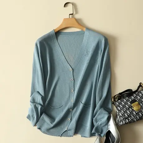 清仓！冰丝针织开衫女薄款V领长袖春装新款外搭防晒空调衫夏季商品大图