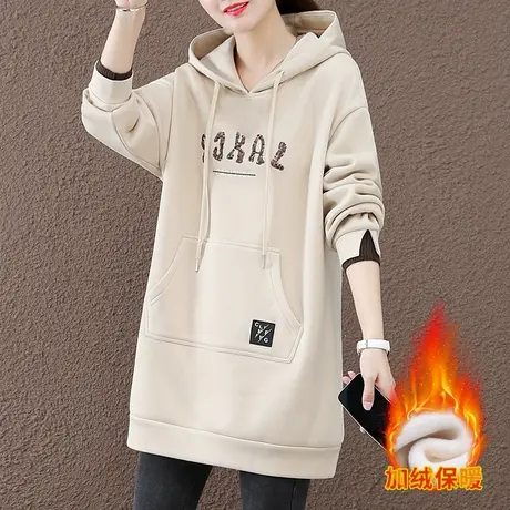 中长款加绒连帽卫衣女秋冬2023年新款时尚韩版大码女装休闲外套潮商品大图