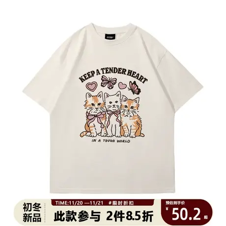 日系可爱卡通猫咪印花短袖落肩圆领显瘦白色女合身版型百搭体恤男商品大图