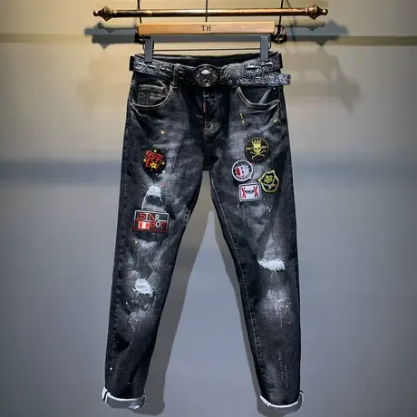 潮牌破洞牛仔裤男修身小脚乞丐裤子男刺绣花裤子国潮机车朋克百搭商品大图