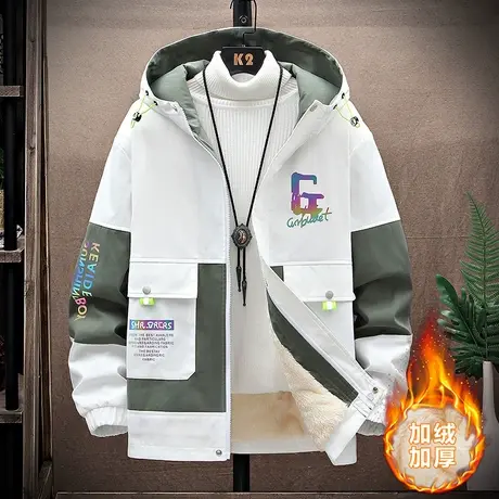 夹克男秋冬装加绒加厚上衣连帽卫衣青年拼接外穿秋衣保暖冬季外套商品大图