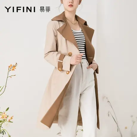 Yifini/易菲经典撞色中长款风衣外套女春秋新款休闲百搭时尚外套商品大图