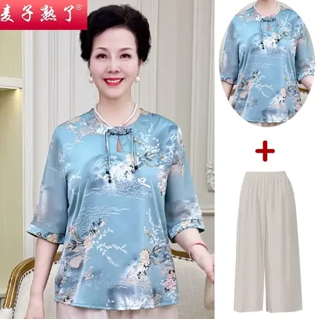 妈妈夏装T恤洋气阔太太雪纺上衣衬衫短袖套装两件时尚中老年女装商品大图