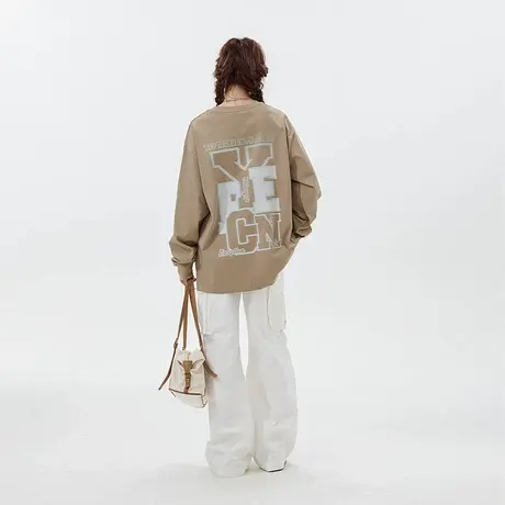 YEP重磅美式复古印花长袖t恤女2024新款春秋款宽松oversized上衣商品大图