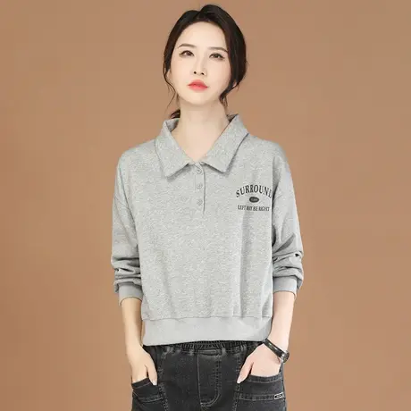 韩潮袭人POLO领长袖印花套头灰色卫衣女2023秋装新款休闲百搭上衣图片