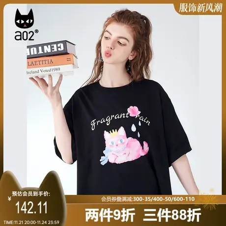 【趣玩】a02通勤T恤女2023夏季新品减龄猫咪印花宽松显瘦短袖上衣图片