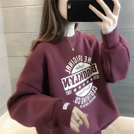 加绒加厚学院风印花圆领套头卫衣女2023年新款韩版宽松保暖上衣潮图片