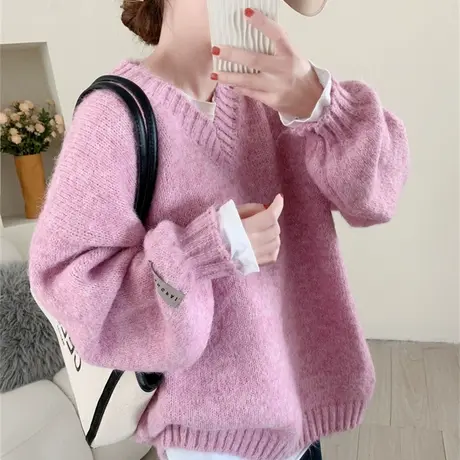 慵懒风大版休闲V领毛衣女秋冬新款韩版宽松软糯套头外穿针织衫潮图片