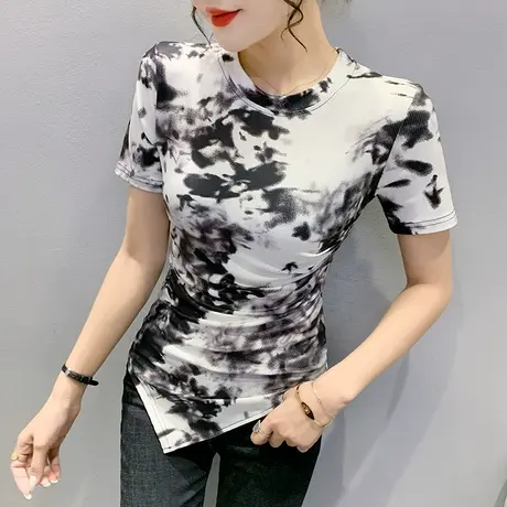 复古印花短袖T恤女洋气不规则上衣夏季紧身收腰小衫设计感小众潮图片