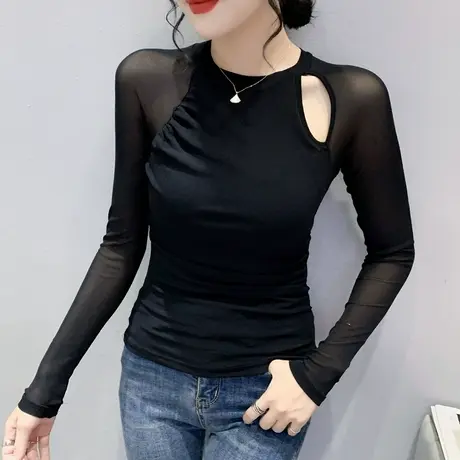 性感镂空网纱打底衫女长袖纯色百搭洋气修身上衣欧货别致T恤ins潮商品大图