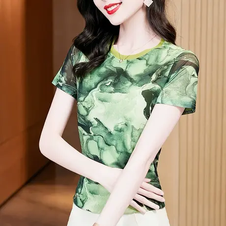 气质减龄印花T恤女短袖时尚网纱圆领上衣修身显瘦小衫别致半袖夏商品大图
