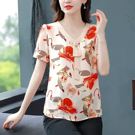 2023夏季新款V领漂亮印花雪纺衬衫女时尚妈妈衫飘带减龄大码女装图片