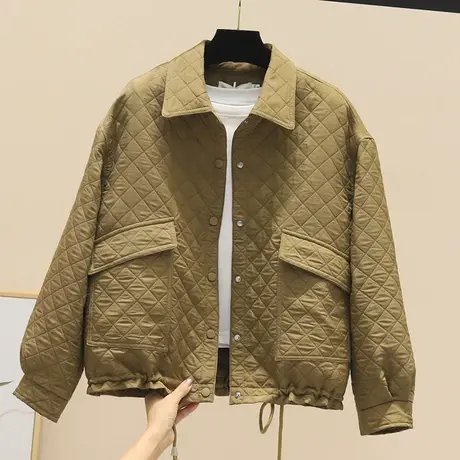 2023秋季新款纯色菱形格子上衣单排扣休闲翻领夹克宽松韩版外套女图片