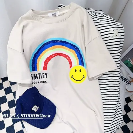 2023春夏新款短袖上衣韩国东大门ins彩虹笑脸磨毛半袖T恤宽松欧货图片