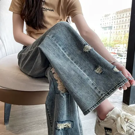 美式破洞窄版阔腿牛仔裤女春秋新款个性高腰显瘦垂感复古拖地长裤商品大图
