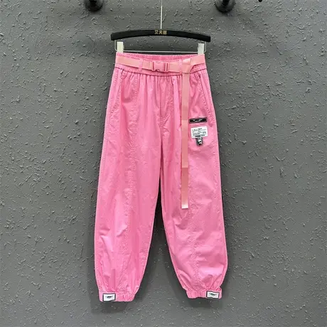 欧货休闲粉色贴布设计感减龄松紧腰束脚裤女夏薄款宽松显瘦哈伦裤图片