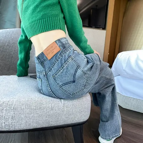 复古蓝阔腿牛仔裤女春秋季2023年新款高腰显瘦直筒宽松拖地长裤子图片