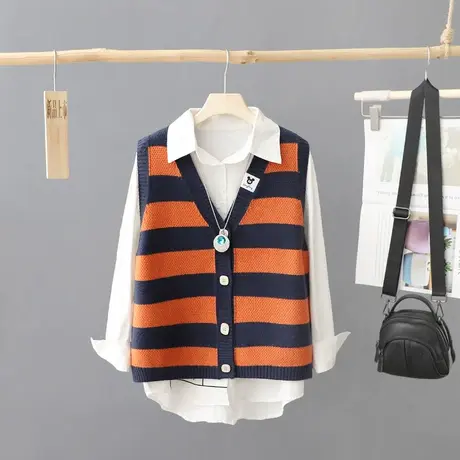 拼色条纹针织背心马甲女装秋装V领无袖毛衣开衫洋气叠穿坎肩马夹商品大图