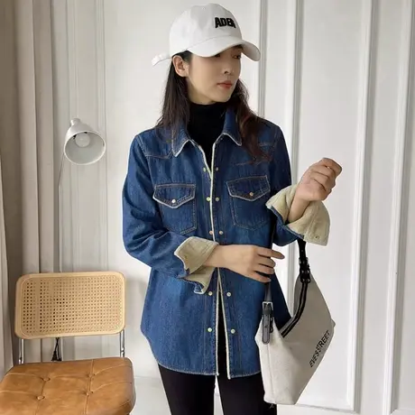 秋冬装复古加绒加厚长袖牛仔衬衫女宽松百搭保暖叠穿打底上衣外套商品大图