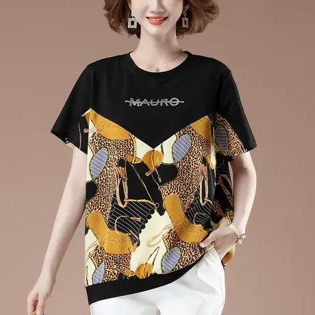 短袖t恤女夏季加肥加大码女装宽松中年妈妈洋气雪纺拼接显瘦体恤图片