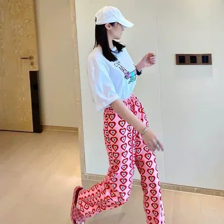 爱心印花裤子女潮夏季薄款喇叭裤女高腰显瘦弹力松紧高街微喇长裤图片