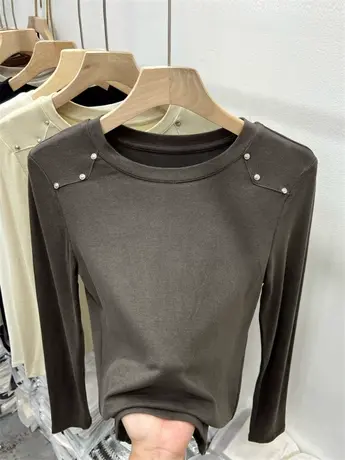 秋装新款圆领修身套头纯色拼接羊绒弹力软糯针织长袖T恤女打底衫商品大图