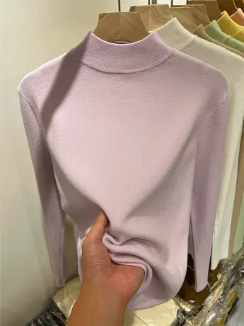 多巴胺半高圆领长袖针织衫女上衣2023秋冬新款纯色内搭打底衫毛衣商品大图