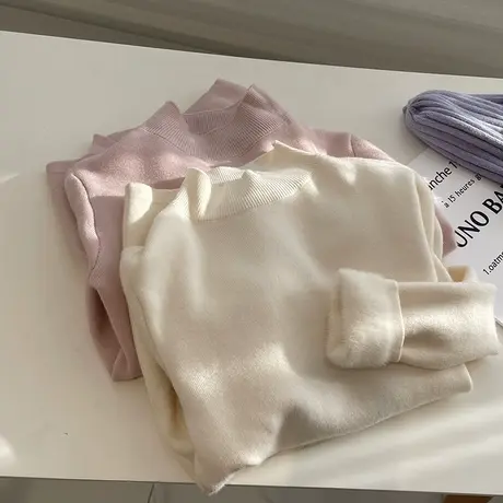 半高领一体绒针织衫女！秋冬加绒加厚弹力显瘦套头打底衫毛衣上衣商品大图