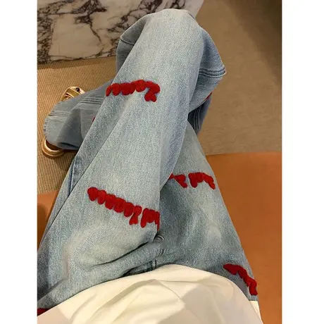 美式高街复古刺绣牛仔裤女春秋2023年胖MM大码直筒阔腿裤显瘦裤子商品大图
