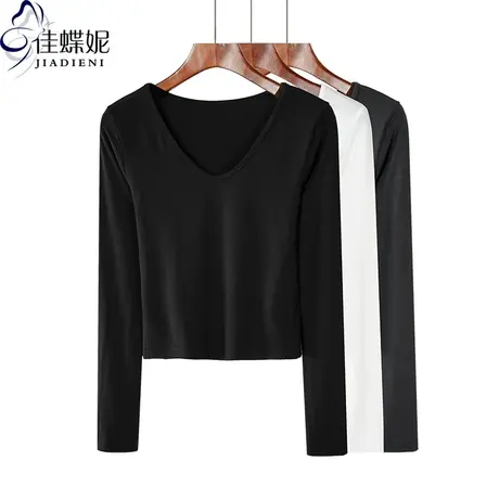 早春秋季V领简约短款修身显瘦长袖基础款内搭打底衫纯棉黑色女装商品大图