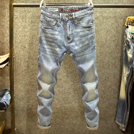 浅蓝色休闲长裤男潮流赤耳丹尼复古重磅做旧洗水修身直筒牛仔裤子商品大图