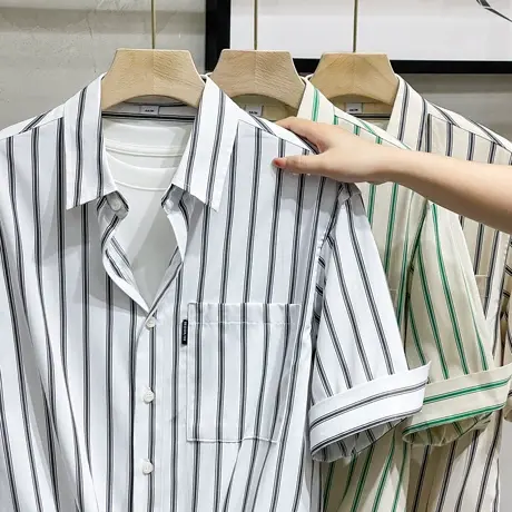五分短袖条纹衬衫男生夏季翻领宽松日系休闲工装外套男士中袖衬衣商品大图