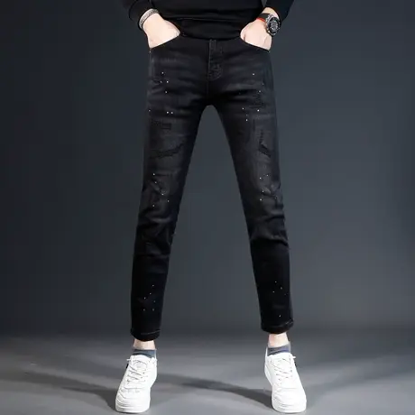 破洞九分牛仔裤男2023秋冬新款黑色补丁男士修身小脚弹力9分裤子商品大图