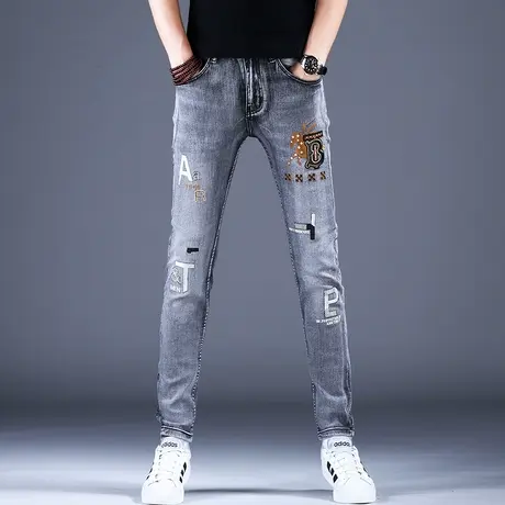 2023秋冬潮流男士牛仔裤子时尚修身刺绣精致小脚裤男潮牌弹力休闲图片