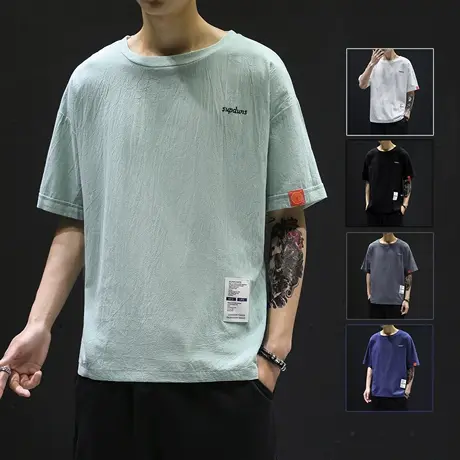 男士高端t恤短袖日系复古夏季冰感假两件潮流棉麻亚薄款半袖上衣商品大图