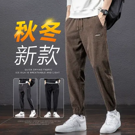 冬季秋冬款灯芯绒灯草绒休闲运动卫裤男士束脚宽松紧腰华夫格男裤商品大图
